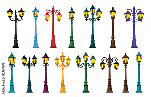 Colorful street lamps set featuring various vintage and modern designs for urban illumination