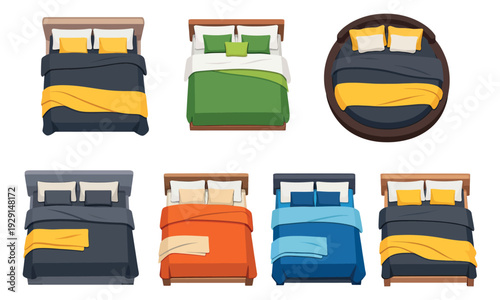 Modern flat top view bed set featuring different styles and colors of beds with bedding for bedroom design