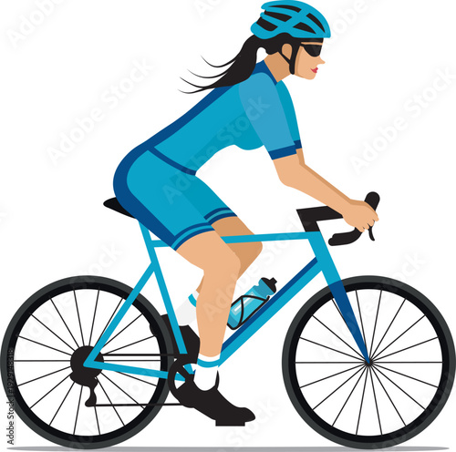 Cyclist woman riding bike in cycling shorts and jersey. Blue tones flat design. Hand drawn vector illustration.