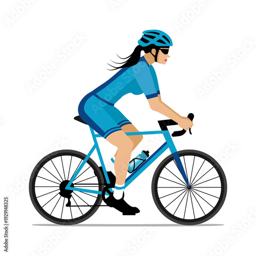 Cyclist woman riding bike in cycling shorts and jersey. Blue tones flat design. Hand drawn illustration.