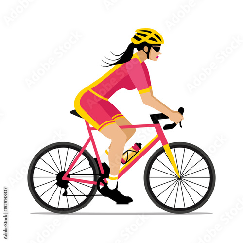 Cyclist woman riding bike in cycling shorts and jersey. Pink and yellow flat design. Hand drawn illustration.