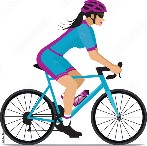 Cyclist woman riding bike in cycling shorts and jersey. Blue and purple flat design. Hand drawn vector illustration.