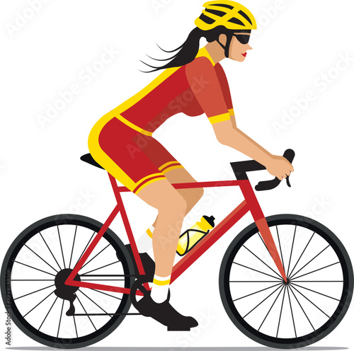 Cyclist woman riding bike in cycling shorts and jersey. Red and yellow flat design. Hand drawn vector illustration.