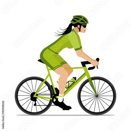 Cyclist woman riding bike in cycling shorts and jersey. Khaki and green flat design. Hand drawn illustration.
