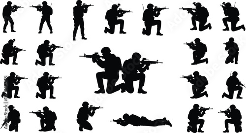Set of black soldier silhouettes in tactical combat poses with assault rifles and military equipment isolated on white background vector,