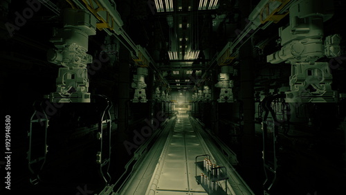 Photos futuristic engine bay corridor with eerie green glow, hightech housings flank na