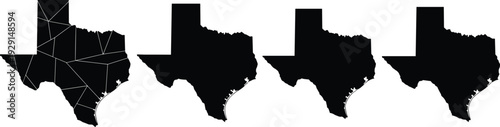 Texas state map silhouette set, geographic borders of lone star state, black regional outlines, cad drawing flat vector illustration, american southern territory cartography