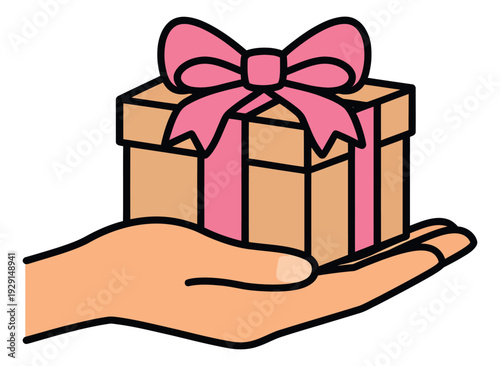 Colorful hand drawn illustration of a hand holding a gift box depicting a present for celebration