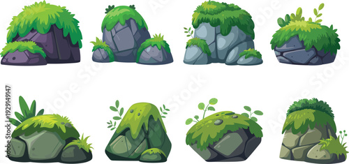 Cartoon mossy rock collection vector illustration, stylized forest stones with green grass isolated on white background