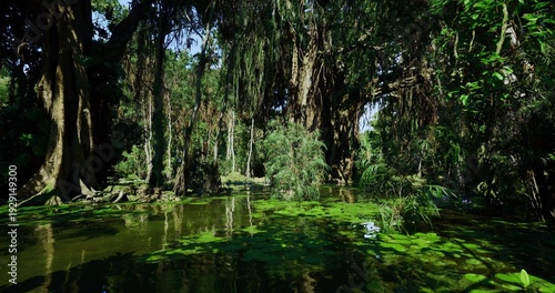 mysterious marsh with scattered sunlight through dense trees, emerald water and shadowed banks, cinematic atmosphere suited for film, editorial and outdoor
