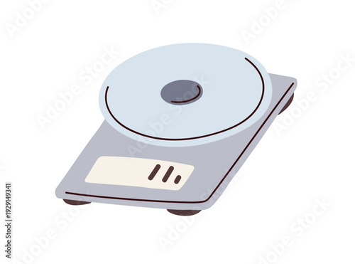 Kitchen scales, weighing device. Electronic equipment, weight tool with bowl, digital display. Measurement appliance for cooking, baking, diet. Flat vector illustration isolated on white background