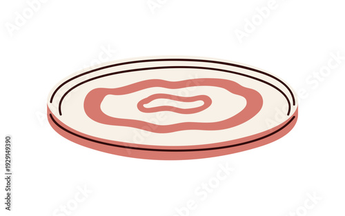 Plate, empty ceramic dish with rim, flat design and abstract circles pattern. Modern dinnerware, dining tableware for serving. Kitchen dishware. Vector illustration isolated on white background