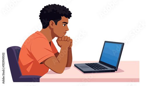 Vector illustration of a young man depicting deep thought while using a laptop for online learning