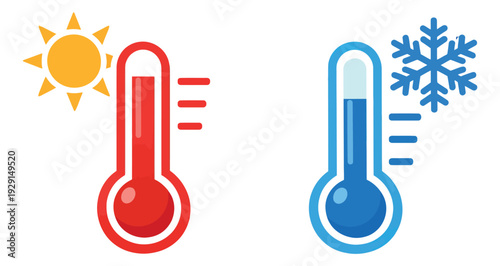 Flat icon thermometer set featuring hot and cold temperatures with sun and snowflake symbols for weather forecasting