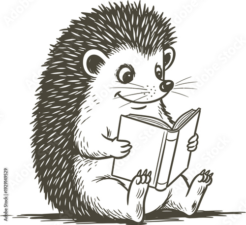 A hedgehog sitting and reading a book with a smile
