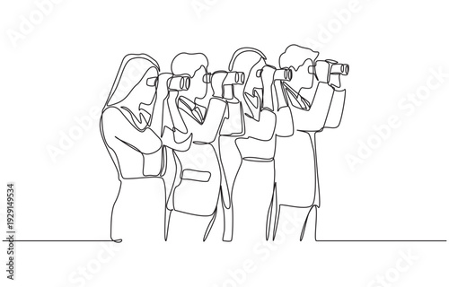 Continuous one line drawing of businesspeople looking in distance with binoculars, team observation, planning, and anticipation of future opportunity concept, single line art.