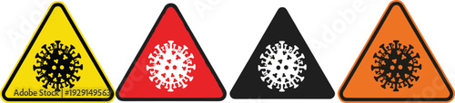 Virus Warning Triangle Sign Icon Set with Biohazard Symbols for Infection Risk, Pandemic Alert, Medical Safety, and Hazard Notification Design.