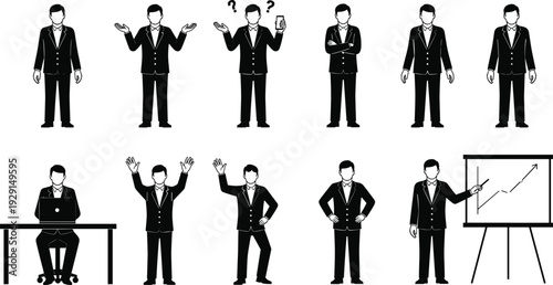 Set of businessman character icons in various poses including presenting a chart working at desk waving shrugging and thinking gestures