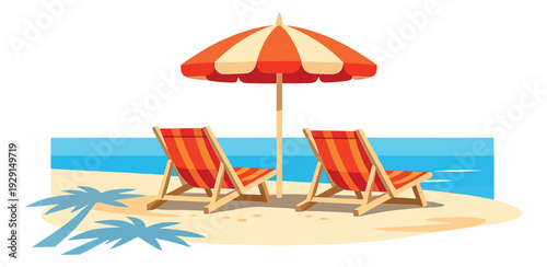 Flat design illustration of a beach scene depicting a relaxing summer vacation for travel and leisure concepts