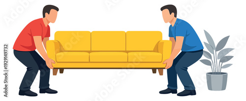 Flat design illustration of two men depicting moving a sofa for home relocation
