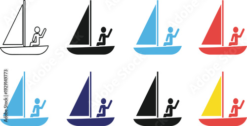 Sailboat Icon Vector Set in Multiple Colors with Person Sailing for Marine Travel, Water Sport, Navigation, and Nautical Design Elements.