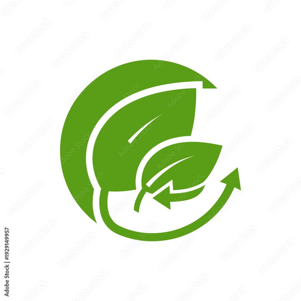 Obraz premium Green leaves recycling arrows icon for environment and nature logo