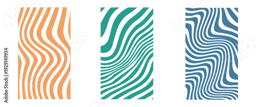 Abstract backgrounds with a rainbow wavy design in a retro 1970s hippie style. Twisted and distorted vector texture in trendy retro psychedelic style.