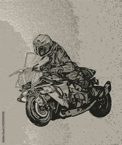 A motorcyclist wearing a helmet rides a motorcycle with a dynamic and adventurous spirit.