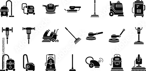Set of cleaning equipment silhouettes including vacuum cleaners, floor scrubbers, industrial polishers, brooms, and professional janitorial tools for household and commercial maintenance