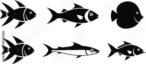Various fish species silhouettes set, marine life and aquatic animals collection, cad drawing flat vector illustration, sea creature icons isolated on white background