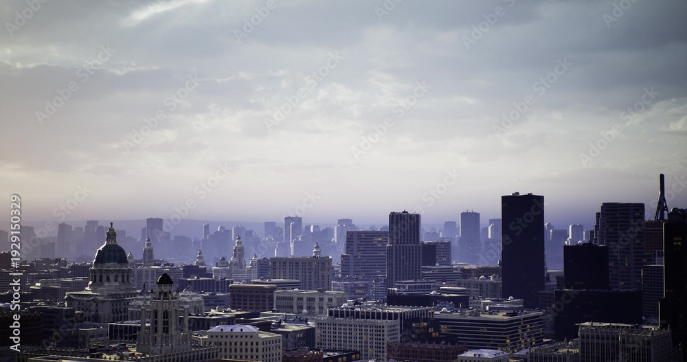 Fototapeta premium hazy skyline with layered silhouettes of towers and rooftops, soft morning light filtering through cloud cover, mood of quiet industry and contemplative urban