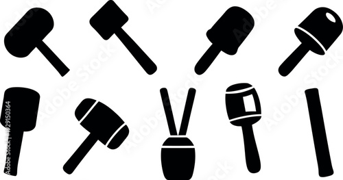 Icon set of wooden mallet clipart design vector art illustration silhouette style on a white background