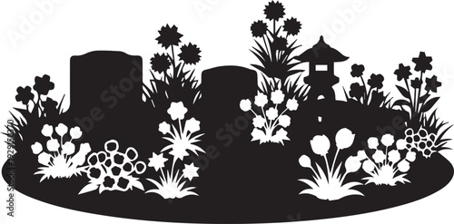 Garden landscape elements silhouette vector illustration, outdoor park with flowers line art