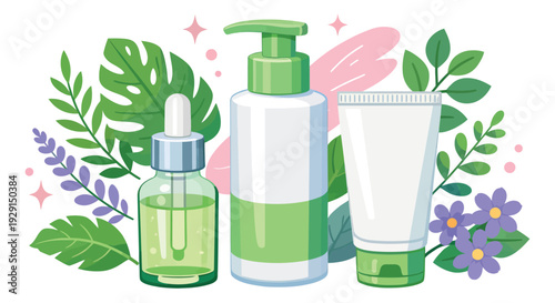 Flat illustration natural beauty products set featuring a dropper bottle, pump bottle, and tube for skincare and wellness
