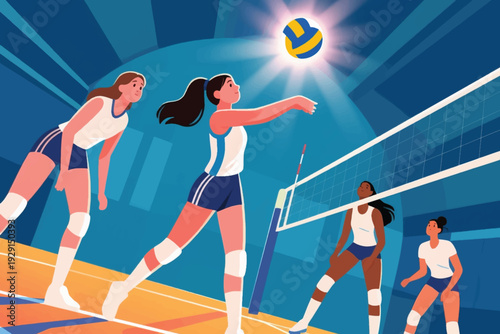 Cartoon illustration of women’s volleyball game on indoor court, player performing forearm pass while teammates observe, ball airborne above net under spotlight, vibrant scene highlighting teamwork an
