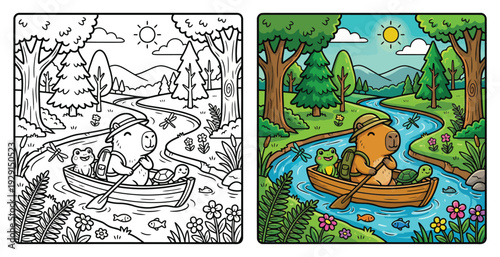 Cute Capybara Frog and Turtle Rowing a Boat on a River Coloring Page
