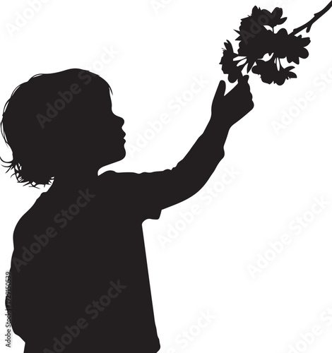 Little girl reaching for flowers silhouette vector illustration, child touching blossom branch