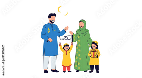 Muslim family celebrating Eid with traditional clothing and festive mood.