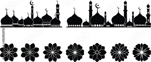 Black silhouette of mosques with domes and minarets and crescent moon symbols with floral mosque silhouette