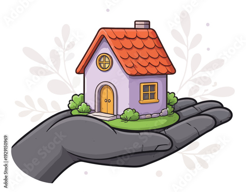 Colorful hand drawn illustration of a house depicting a hand holding it for real estate and home ownership