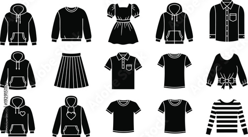 Black Clothing Silhouettes Collection Featuring Hoodies, Dresses, Shirts, Skirts and Casual Apparel Vector Icon Set