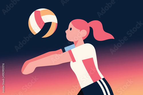 Cartoon illustration of volleyball player with pink ponytail hair performing bump pass, ball airborne, wearing white and red blue uniform, vibrant gradient sky background highlighting energy and focus
