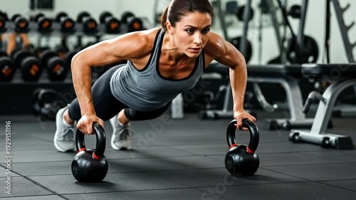 A determined woman performing push-ups with kettlebells in a gym.