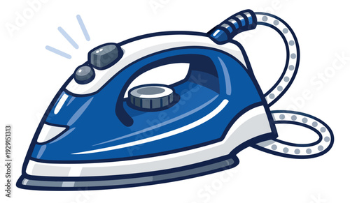 Cartoon illustration of a steam iron depicting it emitting steam for household chores