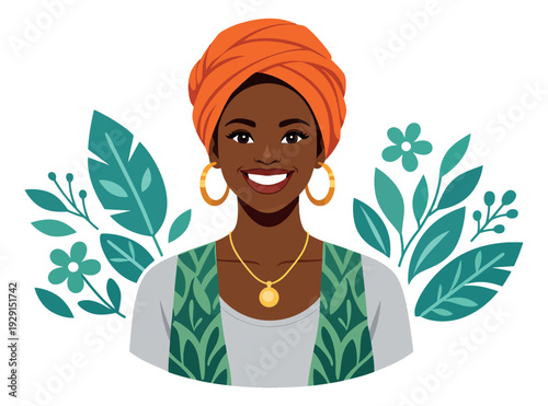 Modern vector illustration of a Black woman depicting a joyful smile and natural green leaves for diversity representation