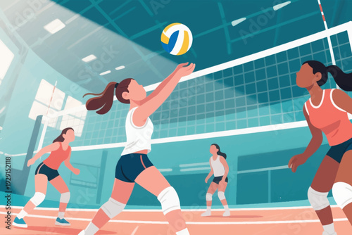 Cartoon illustration of women’s indoor volleyball game, player in white top and blue shorts jumping to hit ball near net, teammates ready behind, opponent in orange uniform focused, bright arena atmos