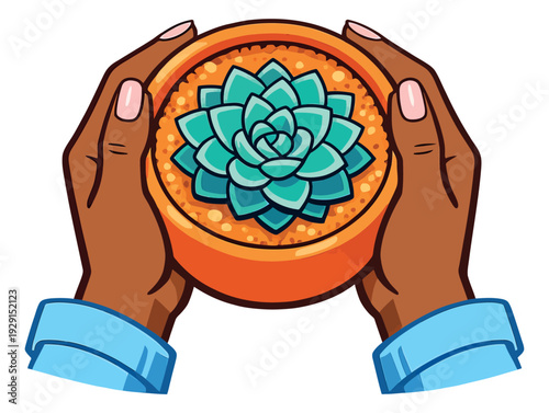 Cartoon illustration of hands holding a succulent plant depicting a top view for nature and gardening themes