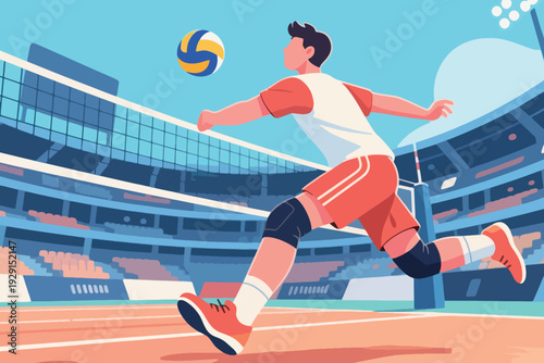 Cartoon illustration of volleyball player in red and white uniform running or jumping toward net to hit ball, airborne above net, brightly lit stadium with empty seats highlighting athleticism and com