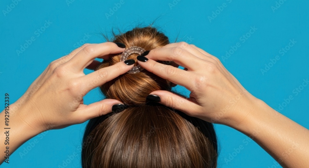 Fototapeta premium Hands arranging hair into a bun, securing with a clear hair tie, against a blue backdrop