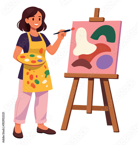 Modern flat illustration of a woman artist depicting painting on an easel for creative hobbies